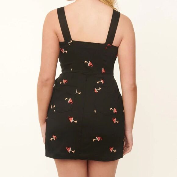 Embroidered Mushroom Fitted Black Denim Pinafore Dress by Unique Vintage - Picture 2 of 3